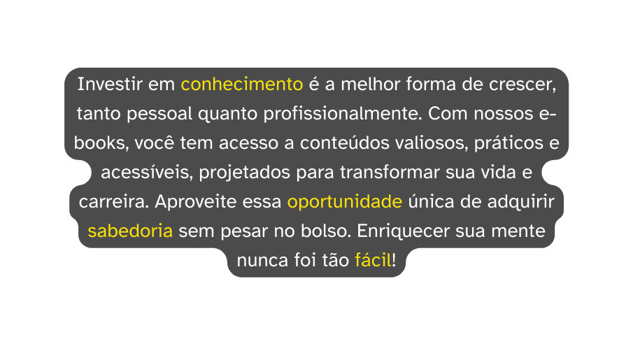 Investir em conhecimento é a melhor forma de crescer tanto pessoal quanto profissionalmente Com nossos e books você tem acesso a conteúdos valiosos práticos e acessíveis projetados para transformar sua vida e carreira Aproveite essa oportunidade única de adquirir sabedoria sem pesar no bolso Enriquecer sua mente nunca foi tão fácil
